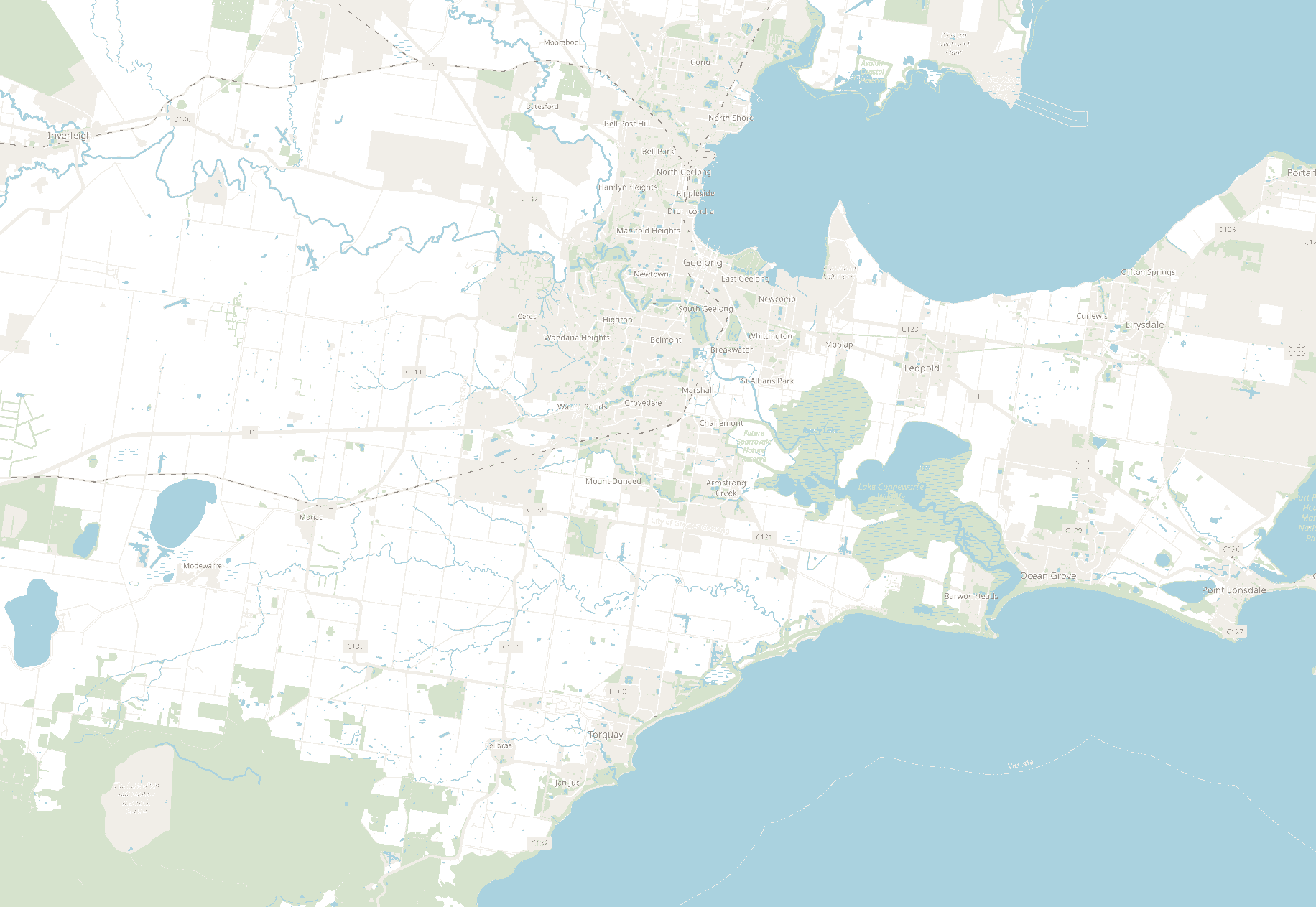 Map of Geelong and the Surf Coast with a pin at each Tree Elves store