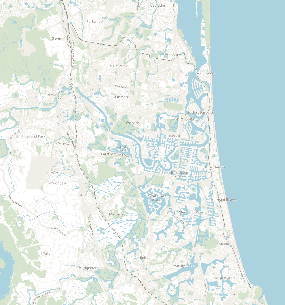 Map of the Gold Coast with a pin at the Bundall Tree Elves store