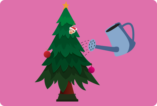 Image of an illustrated Christmas tree being watered by a blue watering can. It is on a pink background.