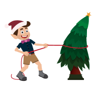 Installation Assistance Icon - image of an elf pulling a tree into place with a red rope.