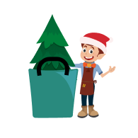 Mess-free Installation Icon. Image of an elf holding a Christmas tree in a bag.