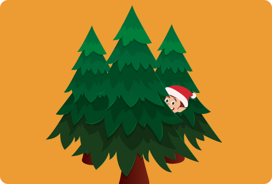 An Illustration of an elf hiding amongst three Christmas trees. It is on an orange background. 