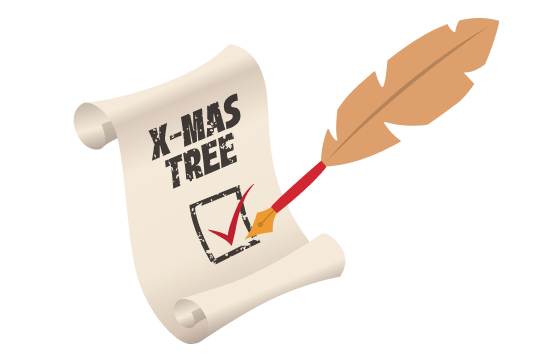 An illustration of an old paper scroll and pen ticking the "x-mas Tree" box.