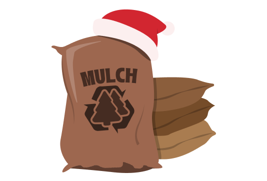 An illustration of a brown mulch bag with a Santa hat on the top corner.