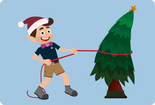 An illustration of an elf pulling a Christmas tree into position. It is on a blue background.