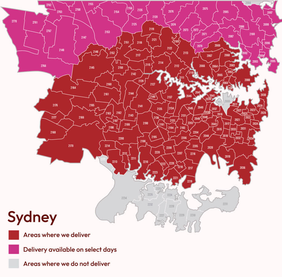 Map of Sydney showing delivery areas with different colours for each zone