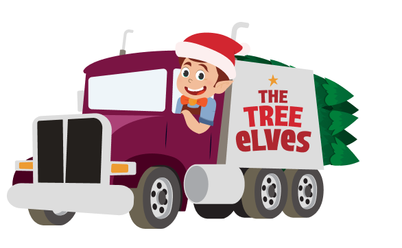 An illustration of an elf driving a purple truck full of Christmas trees ready for delivery.