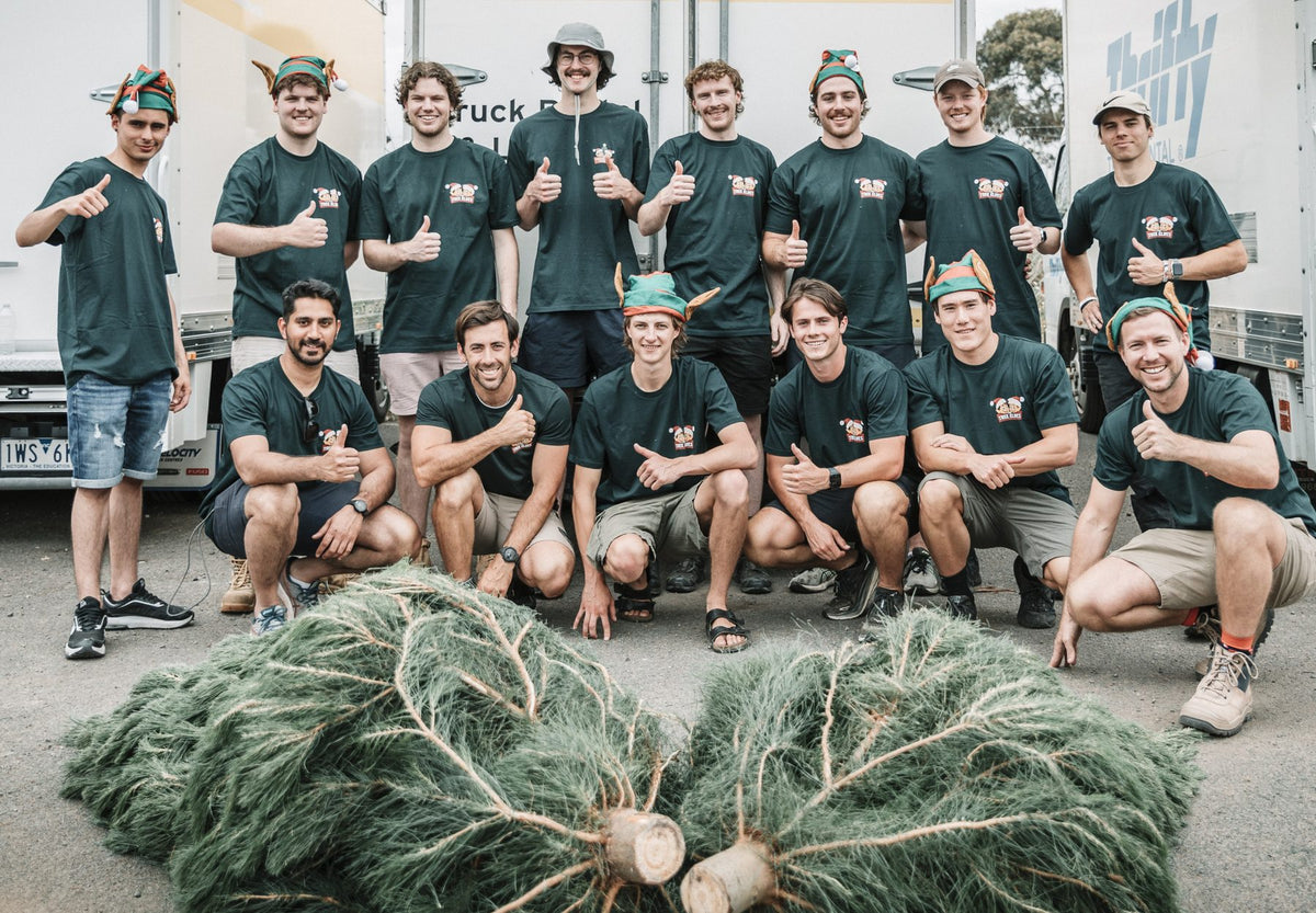 The Tree Elves delivery team in elf hats with freshly cut real Christmas trees beside the delivery truck