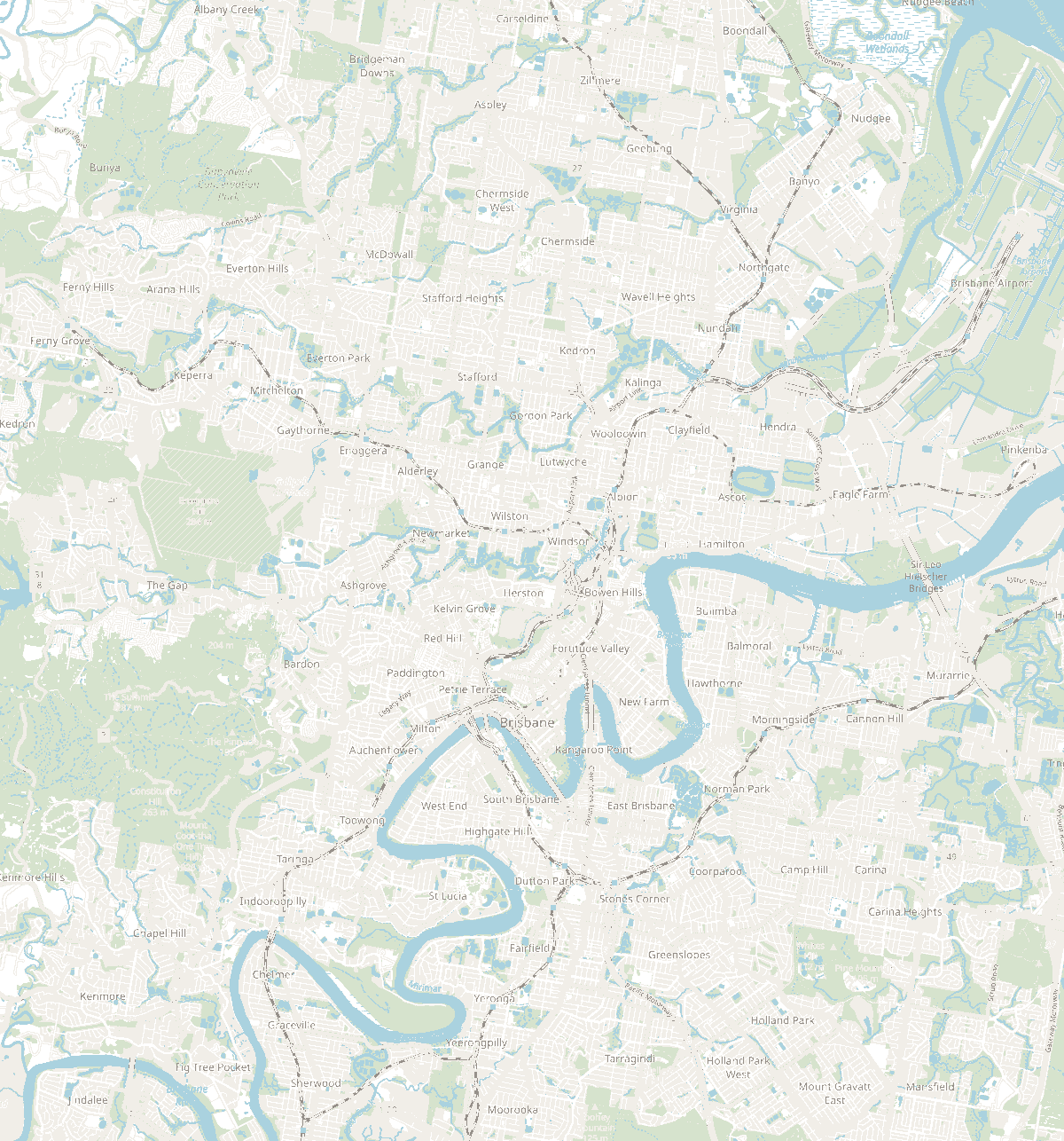 Map of Brisbane with a pin at the Toowong, Wavell Heights and Norman Park Tree Elves stores